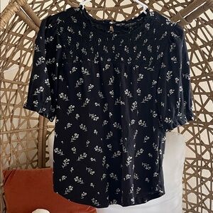 Lucky Brand Black Floral Smocked Yoke Top